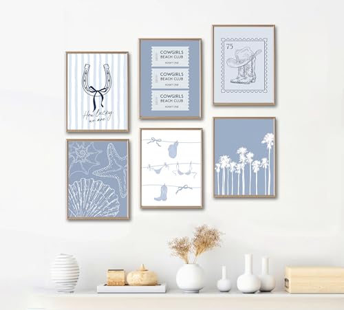 Cowgirl Beach Club Wall Art Set of 6, Western Coastal Blue and White Canvas Prints Nautical Pictures Wall Decor Summer Beach Poster Prints for Coastal Home Vacation House 12x16 inch unframed - color: Cowgirl Beach Club, size: 12x16in