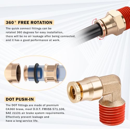 CheeMuii 76 PCS Brass DOT Air Line Fittings with 100FT 1/4" and 50FT 3/8" Blue DOT Air Lines Kit Push Lock Air Line Quick Connect Fittings with Pneumatic Tubing Set - size: 2ROLL-80PCS-BLUE