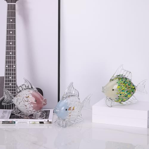 Large Hand Blown Glass Fish Figurines, Aquarium Sea Glass Art, Blue White Fish Statue Sculpture Modern Coastal Accent - for Beach Knick Knacks, Coffee Tables, Nautical Offices Centerpiece - color: Blue White