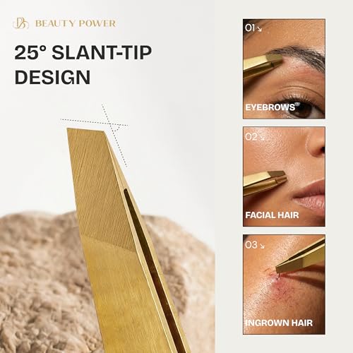 Beauty Power Tweezers for Women Facial Hair: Ultra Precision Tweezers for Women & Men, Sharp Slant Tweezer for Eyebrows, Ingrown Hair Removal. Professional Plucker + Case, German Stainless Steel Gold - color: Gold