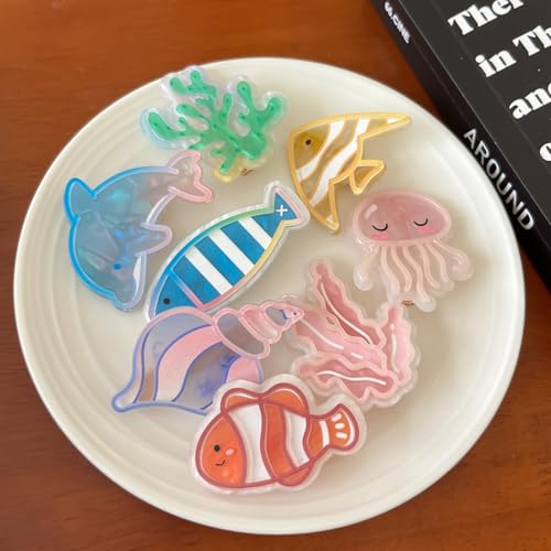 8 Pcs Ocean Marine Animal Hair Clips - Aquatic Plants, Fish, Jellyfish, Conch, Dolphin - Sea Animal Alligator Clips, Stylish Hair Accessories for Girls, Suitable for Thick or Thin Hair