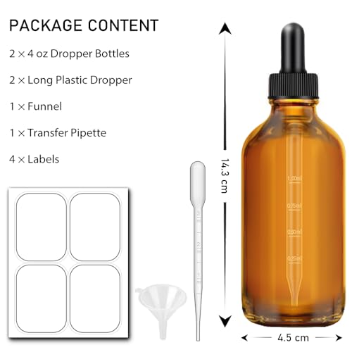 Bumobum Amber Dropper Bottles, 4oz Glass Bottle with Dropper for Essential Oils with Funnel, Labels & Pipette, 2-Pack Tincture Bottles with Dropper(Unbreakable Plastic Eye Dropper) - color: Amber and Clear