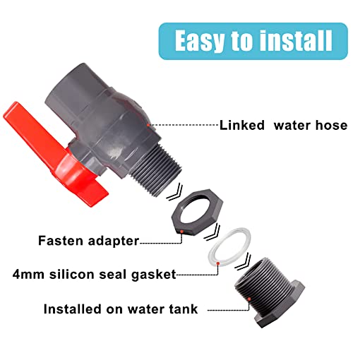 1/2 Inch PVC Rain Barrel Valve Spigot Kit with Ball Valve and Bulkhead Fitting Adapter for Water Tanks, Aquariums, Pools - size: 1/2"+valve