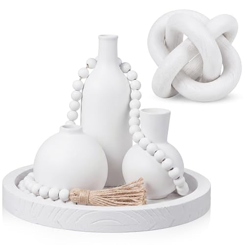 6 Pieces Ceramic Vase Set for Table Centerpieces Decor Include Wood Chain Link Bead Garland Boho Rustic Serving Tray for Home Table Living Room Dining Decoration(White) - color: White