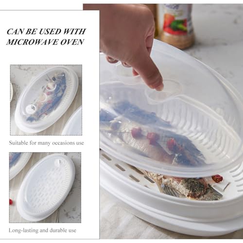SUPVOX Microwave Oven Steamer Plate with Lid, White Fish Steaming Holder for Quick Heat Transfer and Water Retention, Food Steamer Suitable for Kitchen Cooking and Microwave Use