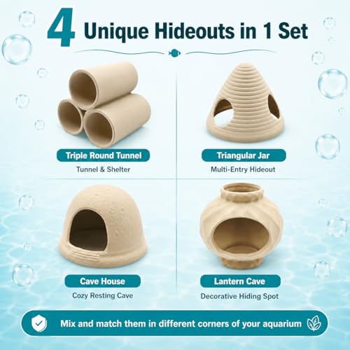 4PCS Betta Fish Tank Accessories, Fish Aquarium Decoration Hideout Caves for Fish Shrimp Crab to Breed, Rest and Play, No Paint, Natural Ceramics Triple Tunnel, Triangle Jar, Lantern & Cave House