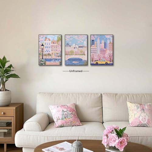 XLARTMY Watercolor City Landscape Travel Wall Art Canvas Framed Pink Cherry Flower Poster Girly Prints Painting Pictures Set of 3 for Bedroom Living Room Office 12x16in Unframed - color: Watercolor City PB, size: 12x16in Poster