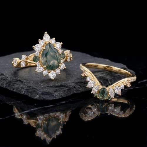 Natural Moss Agate Engagement Ring Set for Women, Unique Genuine Moss Agate Ring, 925 Sterling Silver 10K 14K 18K Solid Gold Nature Inspired Bridal Set, Boho Wedding Jewelry Gift - color: Nine