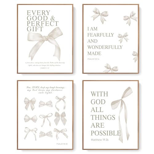 LARTSFRO Coquette Beige Bow Christian Wall Art Decor Posters, Beige Bow Christian Room Bedroom Bathroom Dorm Wall Art Decor Aesthetic for Women College Teen Girls Gifts, Inspirational Bible Verses Bow Wall Decor, 10x8 Inch Set of 4 Pcs Bow Pictures (UNFRA