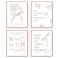 LARTSFRO Coquette Beige Bow Christian Wall Art Decor Posters, Beige Bow Christian Room Bedroom Bathroom Dorm Wall Art Decor Aesthetic for Women College Teen Girls Gifts, Inspirational Bible Verses Bow Wall Decor, 10x8 Inch Set of 4 Pcs Bow Pictures (UNFRA