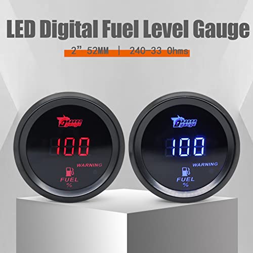 GoolRC Fuel Gauge Kit, 52mm 12V Universal 240-33 Ohms Fuel Level Gauge Meter Digital Display Car Fuel Level Gauge Blue Led/Red Led Fuel Tank Meter for Ships Car Truck Vehicle Automotive