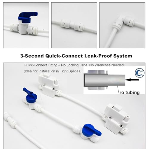 32ft RO Tubing Kit (20-Piece): 1/4" O.D. RO Water Line + Quick Connect Fittings (Valves, Elbow/Tee Couplings, Clip, Tool) for Water Purifier/Refrigerator System