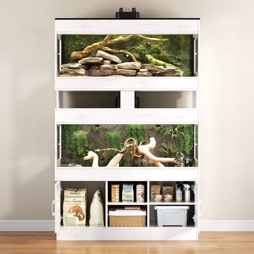 Dual 120 Gallon Reptile Tank with Stand,4x2x2 Reptile Enclosure,Bearded Dragon Tank,Reptile Terrarium with Cabinet,Sliding Doors for Snakes,Lizards,Built-in Power Outlet White CAGE002E - color: Vintage White, size: 120 Gallon+120 Gallon