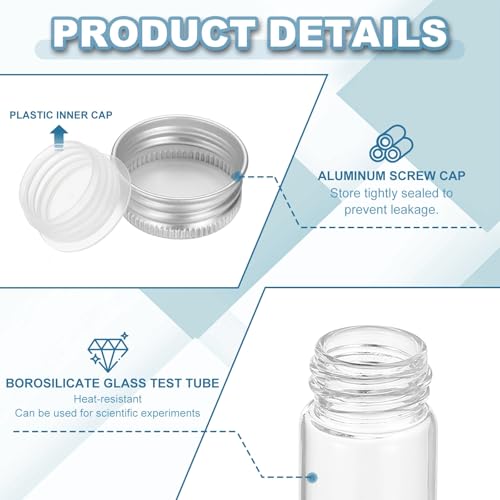 PATIKIL 80ml Test Tubes with Caps, 24Pcs 30x150mm Glass Clear Flat Bottom Test Tube Containers with Plastic Cap for Bead Party Candy Bath Salt Storage Scientific Experiment Plant(Silver) - color: Silver, size: 30x150mm