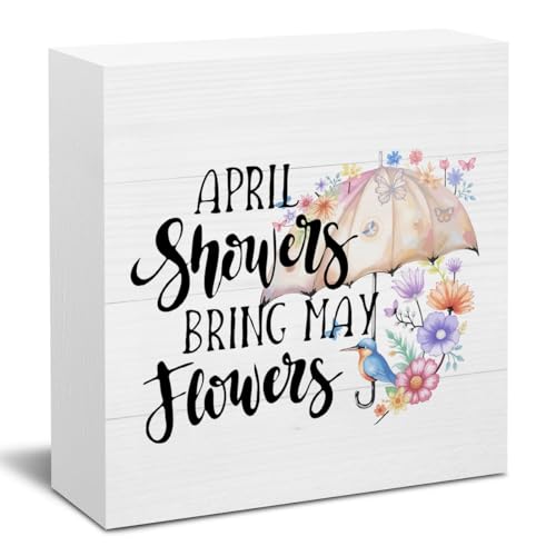 Funny Spring Decorations for Home Spring Decor for Table Cute April Showers Bring May Flowers Sign Umbrella Flowers Decorative Springtime Home Decor Gifts for Women 5 X 5 Inch - color: April