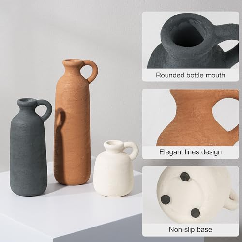 Ceramic Vase Set, 3Pcs Flower Vases for Modern Boho Farmhouse Decor, Decorative Vases for Pampas Grass & Dried Flowers, Distressed Finish - color: E