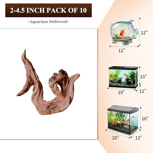 majoywoo Natural Small Driftwood for Aquarium Decor Reptile Decor, Assorted Driftwood Branch 2-4.5" 10 Pcs, Fish Tank Decorations - size: Mopani Driftwood 2 to 4.5 Inch (Pack of 10)