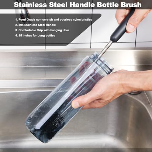 4 Pack Water Bottle Brushes with Straw Cleaner, Stainless Steel Handle Baby Bottle Brush Cleaner, Kitchen Scrub Cleaning Brushes for Cup, Wine Glasses, Coffee Mugs, Tumblers, Wine Decanters, Black - style: 2 Bottle Brushes With 2 Straw Brush