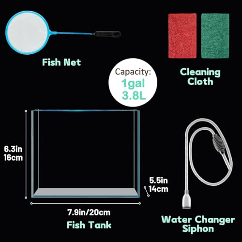 LAQUAL 1 Gallon Fish Tank Starter Kit with Fish Net, 1 Water Changer Siphons & 2 Cleaning Cloth, Crystal Clear Glass Fish Tank, Small Fish Tank/Aquarium for Betta & Goldfish, Nice Home Décor - color: 1 gal square