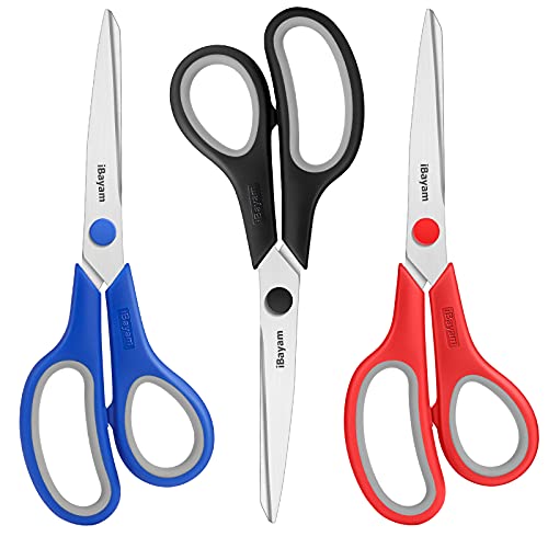 Scissors, iBayam 8" All Purpose Scissors Bulk 3-Pack, Ultra Sharp 2.5mm Thick Blade Shears Comfort-Grip for Office Desk Accessories Sewing Fabric Home Craft School Supplies, Right/Left Handed - color: Red, Black, Blue, size: 3-Pack