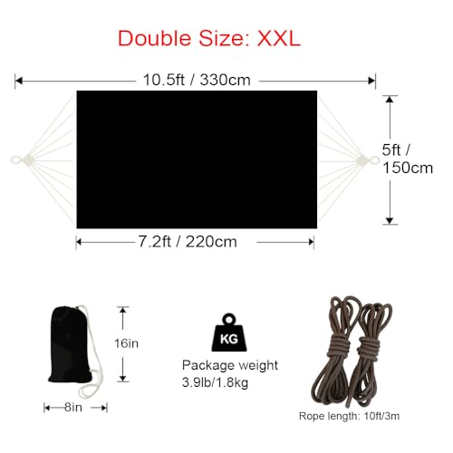 GOCAN Double Hammock 2 Person Extra Large 330X150cm Load Capacity 600Pound Canvas Cotton Hammock for Patio Porch Garden Backyard Lounging Outdoor and Indoor XXL(Black) - color: Black