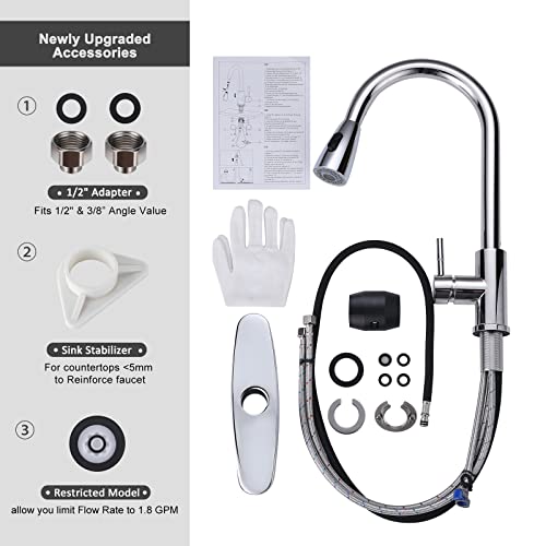 Chrome Kitchen Faucet with Sprayer, WOWOW Pull Down Kitchen Sink Faucet Stainless Steel Utility Sink Faucet with Deck Plate, Kitchen Tap for RV, Laundry, Bar - color: Chrome, style: Kitchen Faucet
