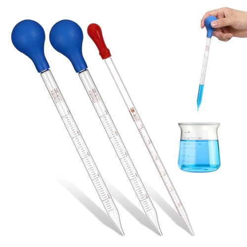 TIESOME Glass Pipette, 3 Pcs Graduated Glasses Liquid Dropper with Cleaning Brush, Lab Glass Transfer Pipette for Essential Oils, Eye Drops & Liquid Transfer, Blue & Red (3pcs: 10ml Blue, 3ml Red)