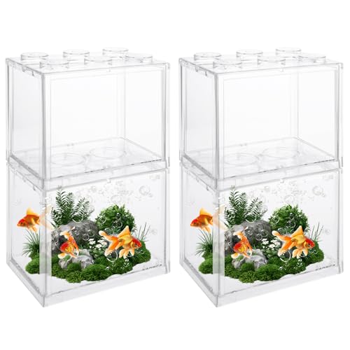 QTLCOHD 4 Pack Small Betta Fish Tank, 0.6 Gallon Mini Aquarium Tank, Clear Stackable Fish Bowl, Acrylic Tiny Cube Tank for Beta Fish Sea Monkeys Shrimp Snails - color: clear