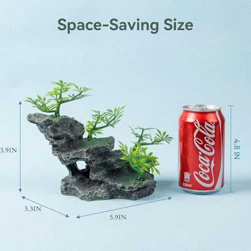 Aquarium Ornament Resin Mountain Fish Tank Decorations with Artificial Plants – Fish Tank Decor Rock Hideout for Betta, Snails, Turtle, Shrimp, Ideal for Aquascaping & Landscaping