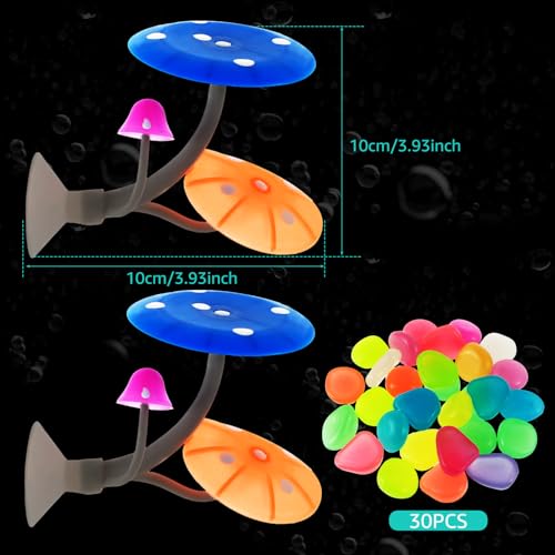 2Pcs Betta Fish Mushroom Hammock with 30 Luminous Stone Soft Silicone Aquarium Rest Bed with Suction Cup Colorful Lifelike Mushroom Tank Decor Fish Breeding Playing Pad for Aquarium Fish Tank(Blue)