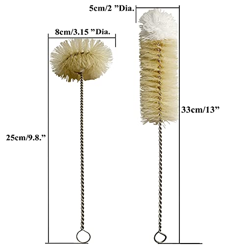 Bottle Brushes Thin Long Handle X 2, Skinny Wire Cleaner Set in Stainless Steel with Natural Boar Bristle at Wool Tip, Bendable Flexible for Cleaning Narrow Neck Bottles, Pipe, Tube, Hose