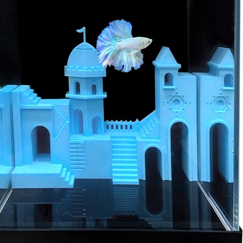 Aquarium Castle Decoration Fish Tank Corner Castle Cave Hideouts House Supplies Accessories Aquarium Undergravel Tunnel Hide Cave Decor for Betta Fish , Guppy, Shrimp Ornament (Glow Blue, M) - color: Glow Blue, size: Medium
