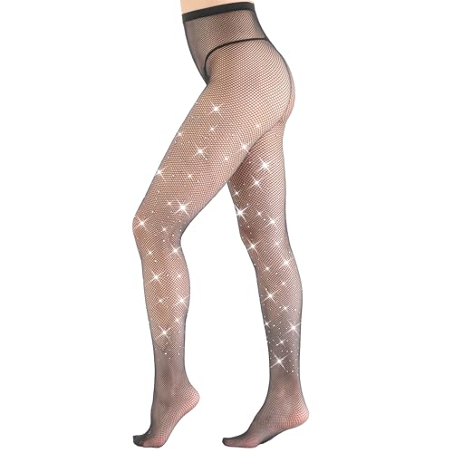 EVERSWE High Waist Fishnet Tights, Thigh High Suspender Stockings - color: Rhinestone R01-black, size: Small-Medium