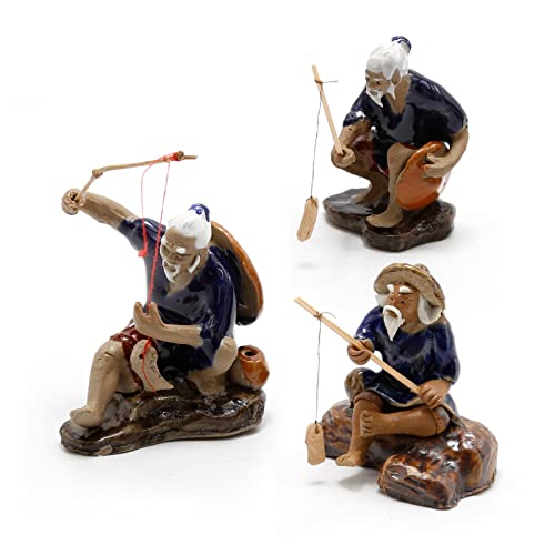 3 PCS Fisherman Statue Fishing Ornament Bonsai Accessory Tree Pot Chinese Clay Man Ceramic Garden Decoration Fish Tank Bonsai Garden Decoration