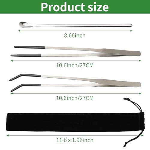 3PCS Reptile Feeding Tongs with Rubber Tips, 10.6" Stainless Steel Tweezers & Spoon Set with Storage Bag for Bearded Dragons, Geckos, Turtles, Tank Accessories