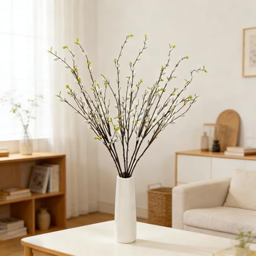 4 Pcs 37.8Inch Artificial Pussy Willow Branches for Vases 8 Branches Long Stem Faux Pussy Willow Stems for Home Office Kitchen Wedding Bridal Party Indoor Outdoor Table Vase Filling Decor - color: 37.8inch White, size: 4 PCS
