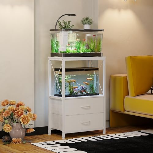 Fish Tank Stand 10 Gallon with 2-Tier Shelf, Aquarium Stand with 2 Drawers, Metal Frame Heavy Duty Reptile/Turtle Tank Stand for Home Office, Fish Tanks Accessories Storage, White - color: White
