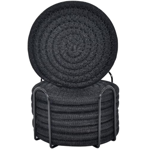 ABenkle 8 Pcs Drink Coasters with Holder, Cotton Woven Absorbent Coasters for Drinks, Minimalist Home Decor Coaster Set for Wooden Tabletop Protection Table, 4.3 inches - color: Black, size: 8 Pcs