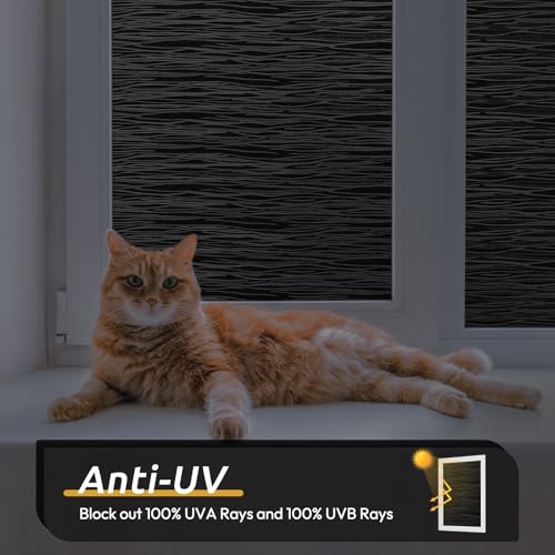 rabbitgoo Blackout Window Film, Sun Light Blocking Window Black Out Cover for UV Reduction, Removable Tint Room Darken Heat Control Frosted Glass Sticker for Home, Black, 23.6 x 78.7 Inches - color: Black Wave, size: 23.6" x 78.7"