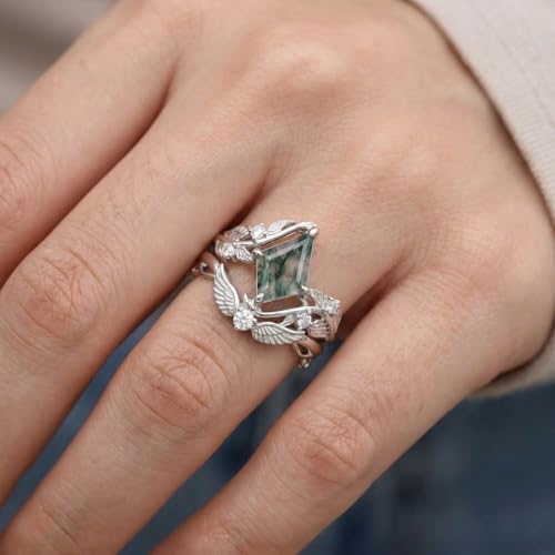 Natural Moss Agate Engagement Ring Set for Women, Unique Genuine Moss Agate Ring, 925 Sterling Silver 10K 14K 18K Solid Gold Nature Inspired Bridal Set, Boho Wedding Jewelry Gift - color: Eight