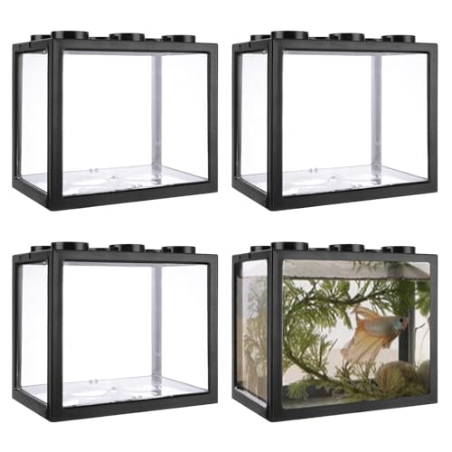 4PCS Plastic Small Betta Fish Tank, 0.6 Gallon Stackable Fish Bowl, Cube Fish Aquarium Tank for Shrimp, Turtle, Small Crab (Black) - color: Black