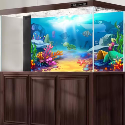 Cartoon Under The Sea Aquarium Background Underwater Coral Reef Aquatic Plants Fish Tank Background Undersea Marine Life Terrarium Backgrounds Ocean Floor Seascape Reptile Tank Backgrounds 24x12in - color: Bright Blue, size: 24(W)x12(H)in