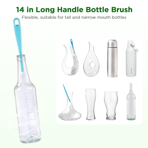 OUTXE 6 Pack Bottle Brush Set, 5-in-1 Water Bottle Cleaner Brush, 14" Long Handle Bottle Cleaning Brush, 3 Straw Brush, Removable Nipple Detail Brush for Cup Lid Gap, with Replecement Sponge - color: Green, size: 6 Pack