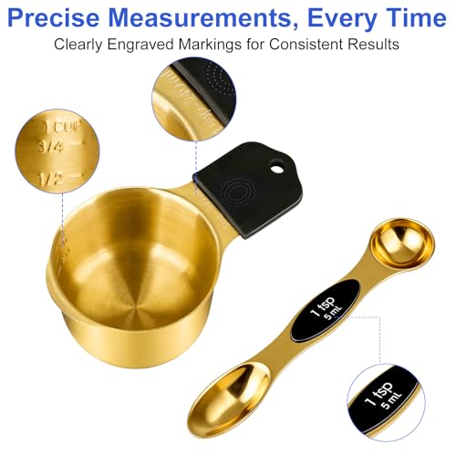 Magnetic Measuring Cups & Spoons Set, Strong N45 Magnets, Heavy Duty Stainless Steel Fits in Spice Jars for Baking & Cooking, BPA Free, Round Set of 15 with Leveler,Gold - color: Measuring Cups & Spoons Set of 15(gold)