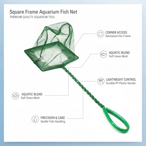 Square Frame Aquarium Fish Net with Green Mesh (1 PC) - size: 14.17 x 4.72 x 3.94"