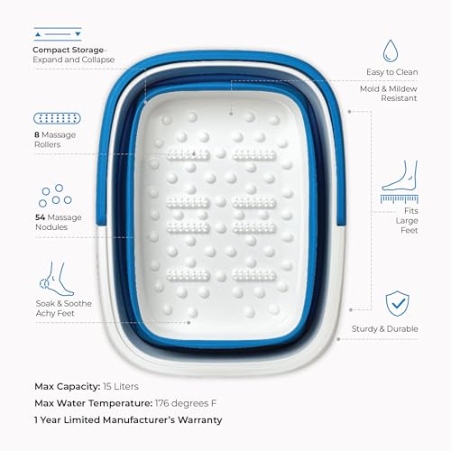 Mantello Collapsible Foot Bath Foot Soaking Tub | Portable Foot Spa Pedicure Bowl | Large Basin to Soak & Wash Feet | Folding Bucket with Carry Handle | White & Grey, Blue, Green [Blue] - color: Collapsible Tub Blue