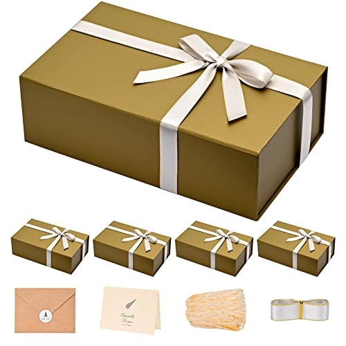 LIFELUM Magnetic Gift Boxes 5 Pack 13.85 x 8.35 x 4.45 inch Rectangle Collapsible Boxes with Lids and Ribbon,Card,Shredded Paper Filler Gift Boxes for Presents，Christmas,Birthdays - color: Cyan Gold, size: 1 count (Pack of 5)