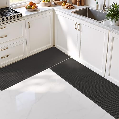Color&Geometry Anti Fatigue Cushion Padded Kitchen Mat for Floor - 17x59+17x59,Easy Clean, Waterproof & Oil Proof, Anti Slip, Foam Rubber Runner Rug for Front Sink Comfort Standing, Black Set of 2 - color: Black, size: 17"x59"+17"x59"