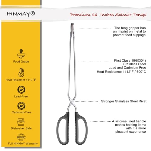 HINMAY Scissor Tongs 16-Inch Extra Long Stainless Steel Barbecue Grilling Tongs (Black Handle) - size: 16"