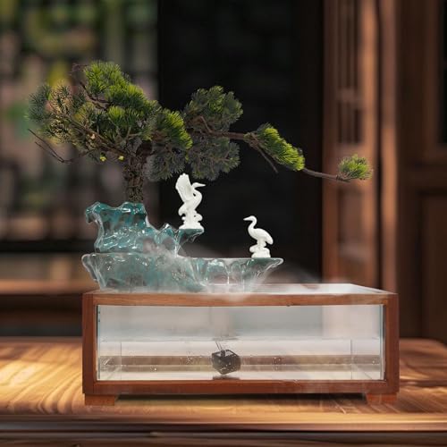 Tabletop Fountain Elegant Indoor Crane Water Fountain w/Fish Tank & Atomizer, Desktop Decoration with LED, Fake Plants Feng Shui Decor for Office Home